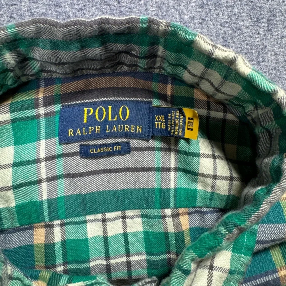 Polo Ralph Lauren Mens XXL Green Navy Blue Plaid Flannel Classic Fit Shirt